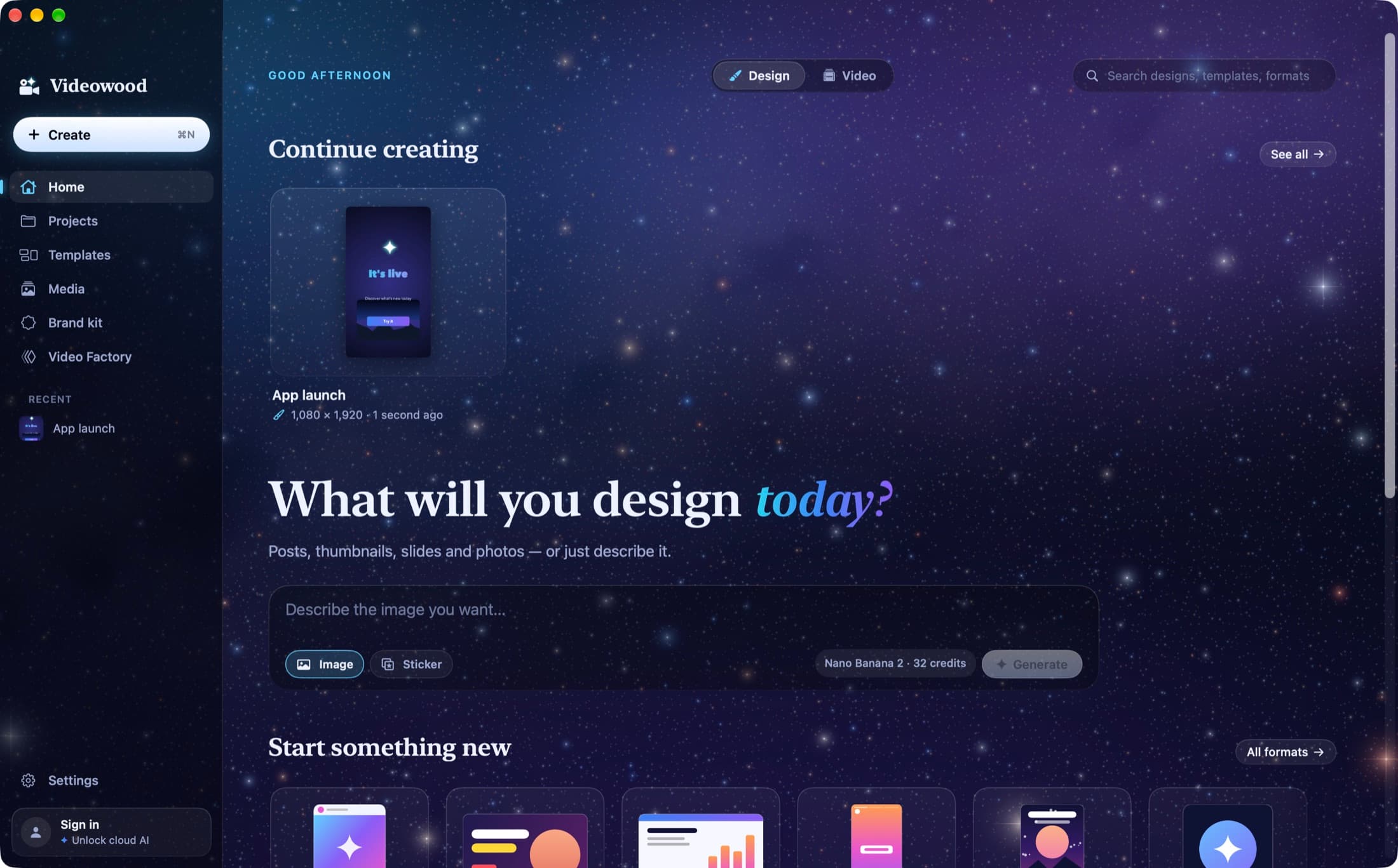 The Videowood home screen under its night sky: Design and Video, continue creating, an AI composer, every format